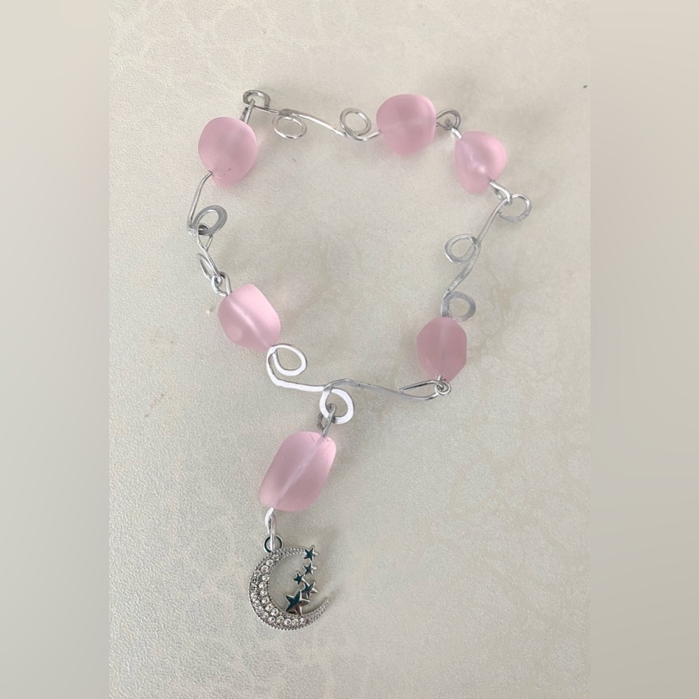Pink Cultured Sea Glass Beaded Wirewrapped Moon Charm Necklace
